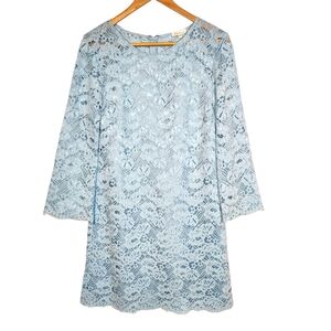 Shoshanna Lace Sheath Mini Dress Baby Blue Crew Neck Long Sleeves Dainty Mod 8‎